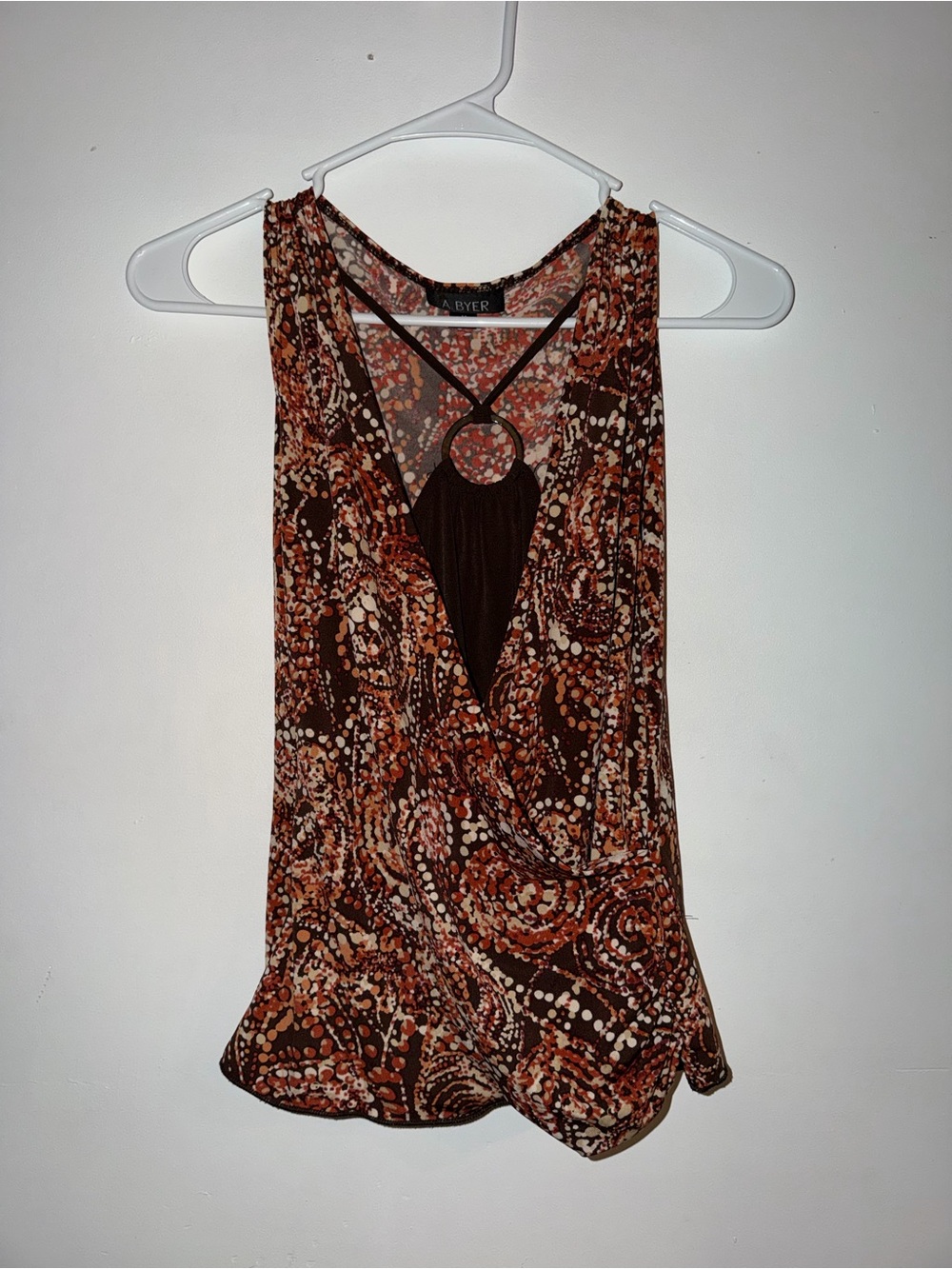 A. Byer Brown and Cream Printed Sleeveless Ring-Front Camisole